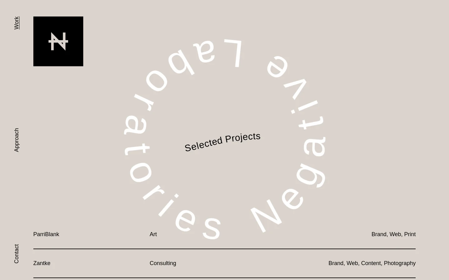 The desktop homepage features a minimalist light beige background with a large, circular white text graphic reading 'Negative Laboratories' surrounding the central headline 'Selected Projects'. A black square logo with a white stylized 'N' is in the top left, while vertical navigation links for 'Work', 'Approach', and 'Contact' run along the left edge. Below the hero section, project titles like 'ParriBlank' and 'Zantke' are listed in a clean, horizontal row layout.