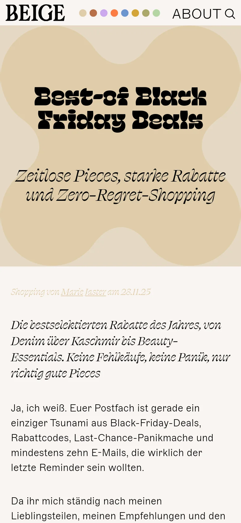 Beige mobile article page with a stacked hero layout. The headline Best-of Black Friday Deals is centered over a large, organic cream-colored shape against a beige background, utilizing high-contrast black typography and a minimalist editorial style.