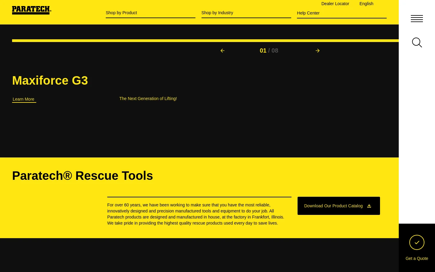 The Paratech homepage features a high-contrast yellow and black color scheme. A large hero slider displays the headline 'Maxiforce G3' with a 'Learn More' link against a black background, while a secondary yellow section below introduces 'Paratech® Rescue Tools' with a 'Download Our Product Catalog' button. The desktop navigation includes dropdown menus for 'Shop by Product' and 'Shop by Industry' alongside a search icon and a hamburger menu.