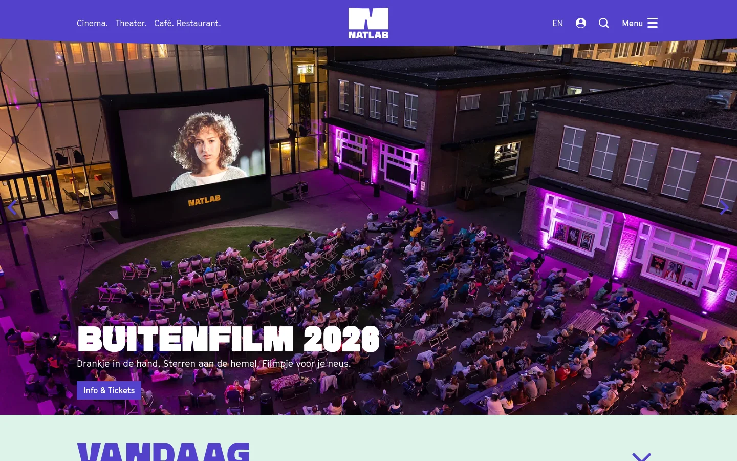 The Natlab homepage features a large hero image of an outdoor cinema event at night with people sitting in chairs under purple lighting. A prominent headline reads 'BUITENFILM 2026' with a call to action button for 'Info & Tickets'. The top navigation bar is purple and includes the Natlab logo, language selector, and menu options.