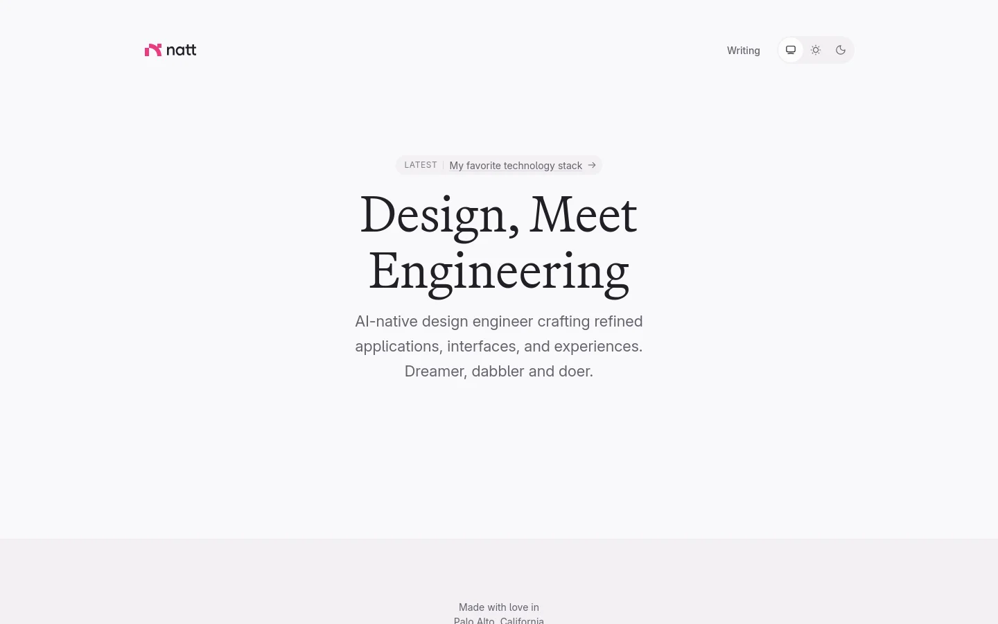 A minimalist personal portfolio homepage with a white background and dark text. The header features a logo, a 'Writing' link, and theme toggle icons. The hero section displays the large serif headline 'Design, Meet Engineering' above a subheadline, with a small 'Latest' pill link pointing to a blog post above the text.