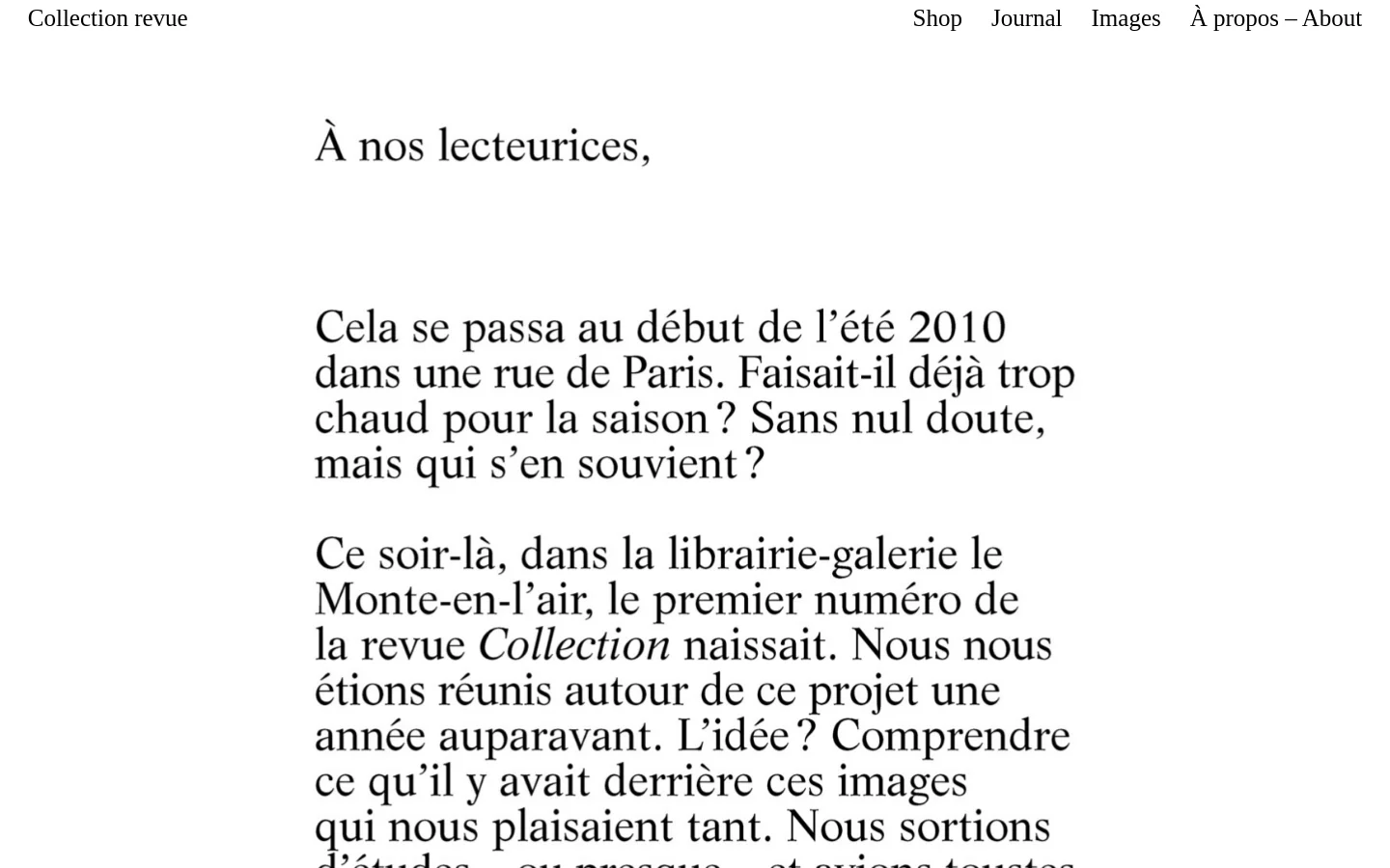 The desktop homepage features a minimalist white background with black serif typography. The header contains the site title 'Collection revue' on the left and navigation links for Shop, Journal, Images, and À propos – About on the right, positioned above a large block of introductory French text.