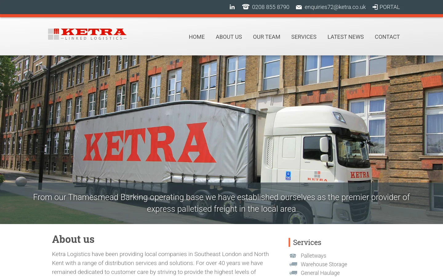 The desktop About Us page features a white header with the Ketra Logistics logo and a horizontal navigation menu. A large hero image shows a white Ketra-branded semi-truck parked in front of a multi-story brick industrial building, overlaid with white text. Below the hero section, the page uses a clean white background with dark grey text and a two-column layout for the 'About us' description and 'Services' list.
