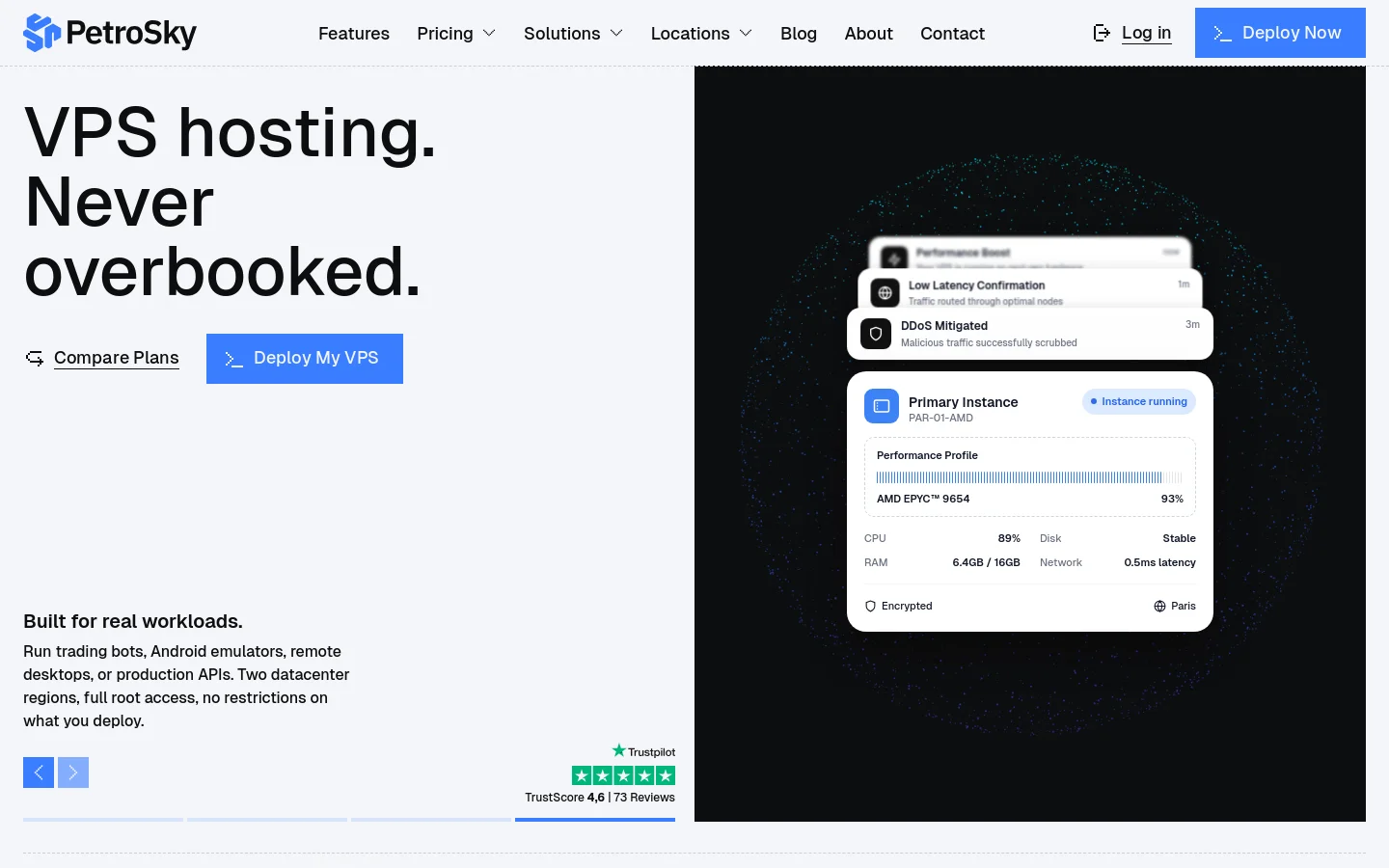 The desktop homepage features a dark theme with a large headline reading 'VPS hosting. Never overbooked.' and two primary buttons: 'Compare Plans' and 'Deploy My VPS'. To the right, a large graphic shows a performance dashboard interface set against a dark, cosmic-style background. The layout includes a navigation bar at the top and a Trustpilot rating section below the main hero text.