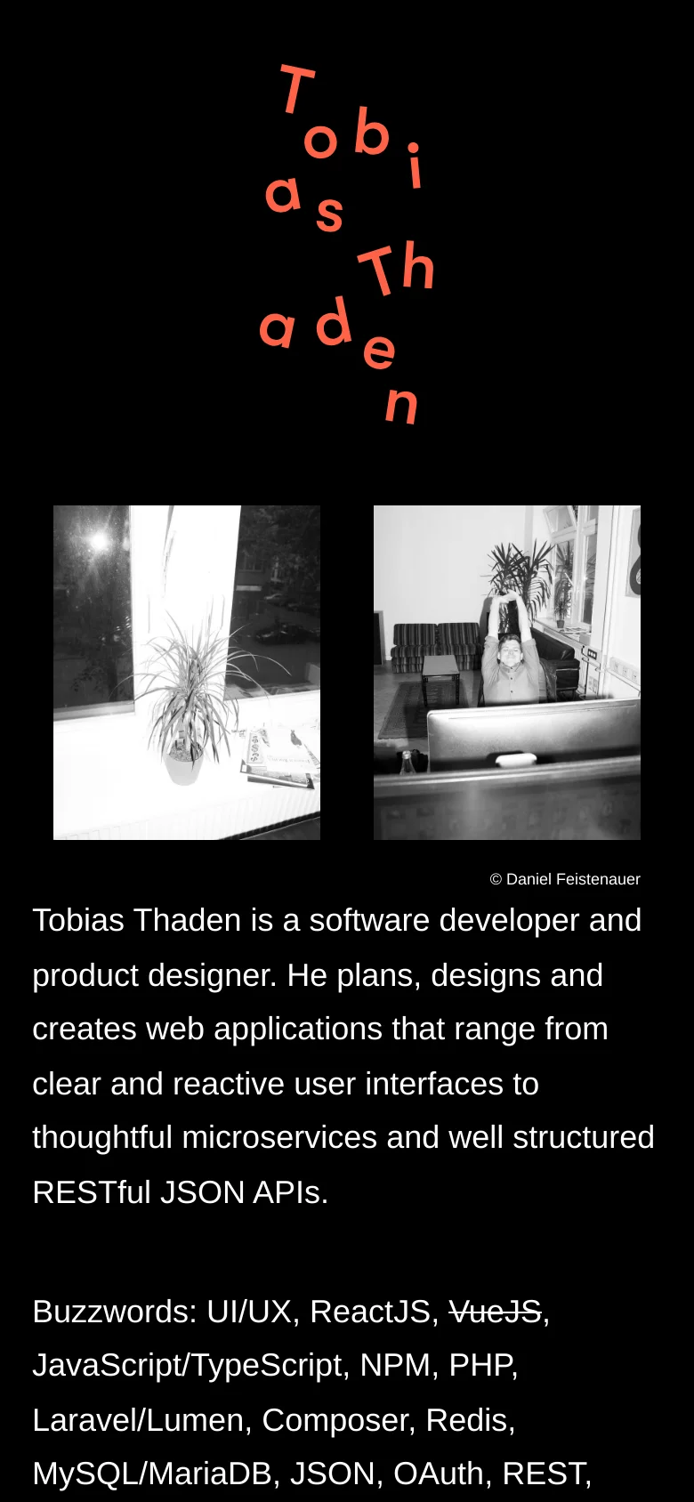 The mobile version maintains the black background and orange scattered typography, but the two black and white hero images are stacked vertically instead of side-by-side. The text content below follows a single-column layout, presenting the professional biography and technical skills in a continuous vertical scroll.