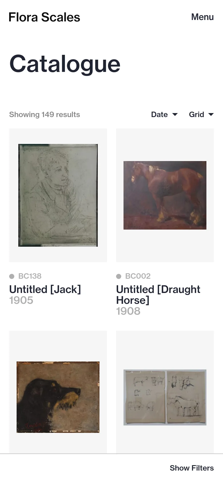 The mobile version of the Catalogue page simplifies the layout, moving the navigation into a 'Menu' button at the top right. The sidebar filters are hidden behind a 'Show Filters' button at the bottom of the screen, and the artwork grid transitions to a single-column view for easier scrolling on small screens.