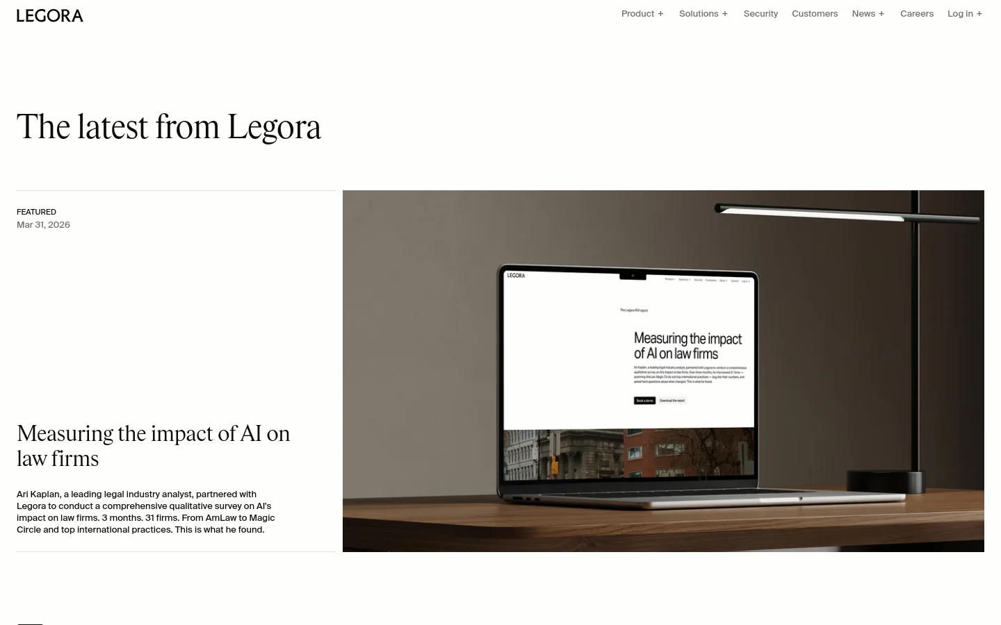 Legora blog page featuring a large hero section with a split-screen layout. On the left, the headline Measuring the impact of AI on law firms sits above an article summary, while the right side displays a high-quality photo of a laptop on a wooden desk under a desk lamp. The design uses a minimalist aesthetic with black serif typography on a white background.