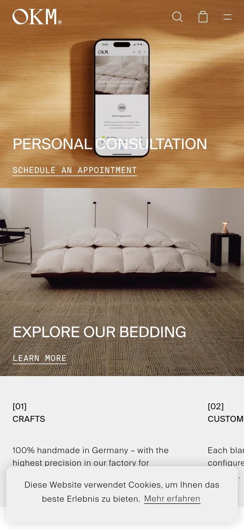 The mobile version uses a stacked vertical layout, beginning with a large hero image of a smartphone over a lifestyle bedding shot. The 'Personal Consultation' section is prominent with a large text overlay and a 'Schedule an Appointment' link. The content flows in a single column, making the brand features and product listings easier to scroll through on a smaller screen.