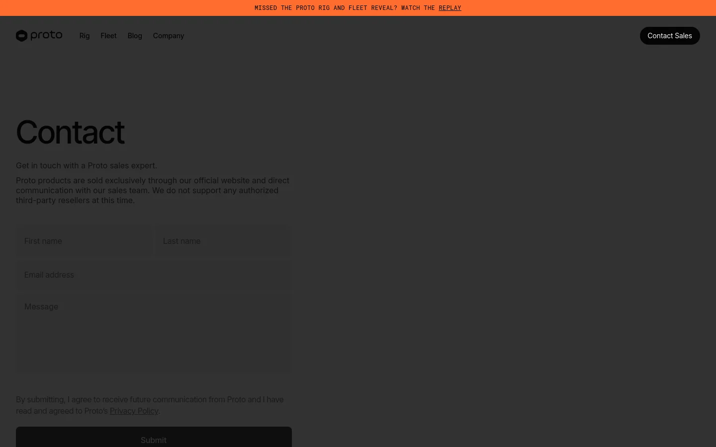 The desktop Contact Sales page features a dark gray background with a large 'Contact' headline and a brief explanation about sales inquiries. A contact form with fields for First name, Last name, Email address, and Message is positioned on the left, followed by a privacy policy disclaimer and a black 'Submit' button. An orange announcement banner at the top promotes a replay, and the navigation bar includes links for Rig, Fleet, Blog, and Company.
