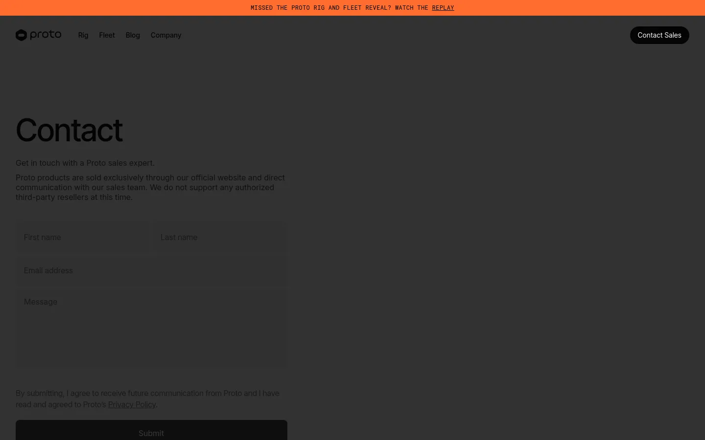 The desktop Contact Sales page features a dark gray background with a large 'Contact' headline and a brief explanation about sales inquiries. A contact form with fields for First name, Last name, Email address, and Message is positioned on the left, followed by a privacy policy disclaimer and a black 'Submit' button. An orange announcement banner at the top promotes a replay, and the navigation bar includes links for Rig, Fleet, Blog, and Company.