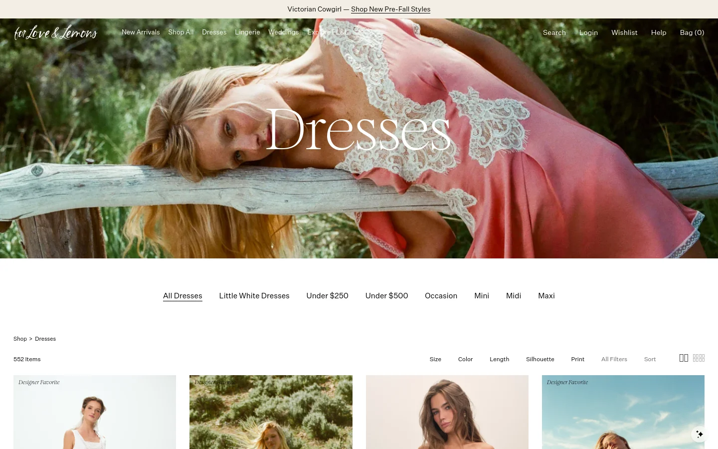 The desktop version of the Dresses collection page features a large hero image of a blonde woman in a pink lace dress leaning on a wooden fence. Below the hero image, a horizontal navigation menu offers categories like Little White Dresses and Under $250, followed by a product grid displaying various dresses with prices and 'Quick Add' options.