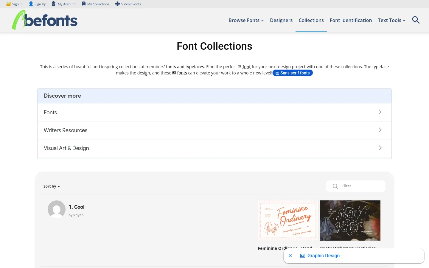 The desktop page features a clean white background with a centered headline 'Font Collections' and an introductory paragraph. Below, a light blue 'Discover more' box contains navigation links for Fonts, Writers Resources, and Visual Art & Design. The main content area displays font collections in a grid layout, including a 'Cool' collection by Rhyan with preview images of handwritten and display fonts.