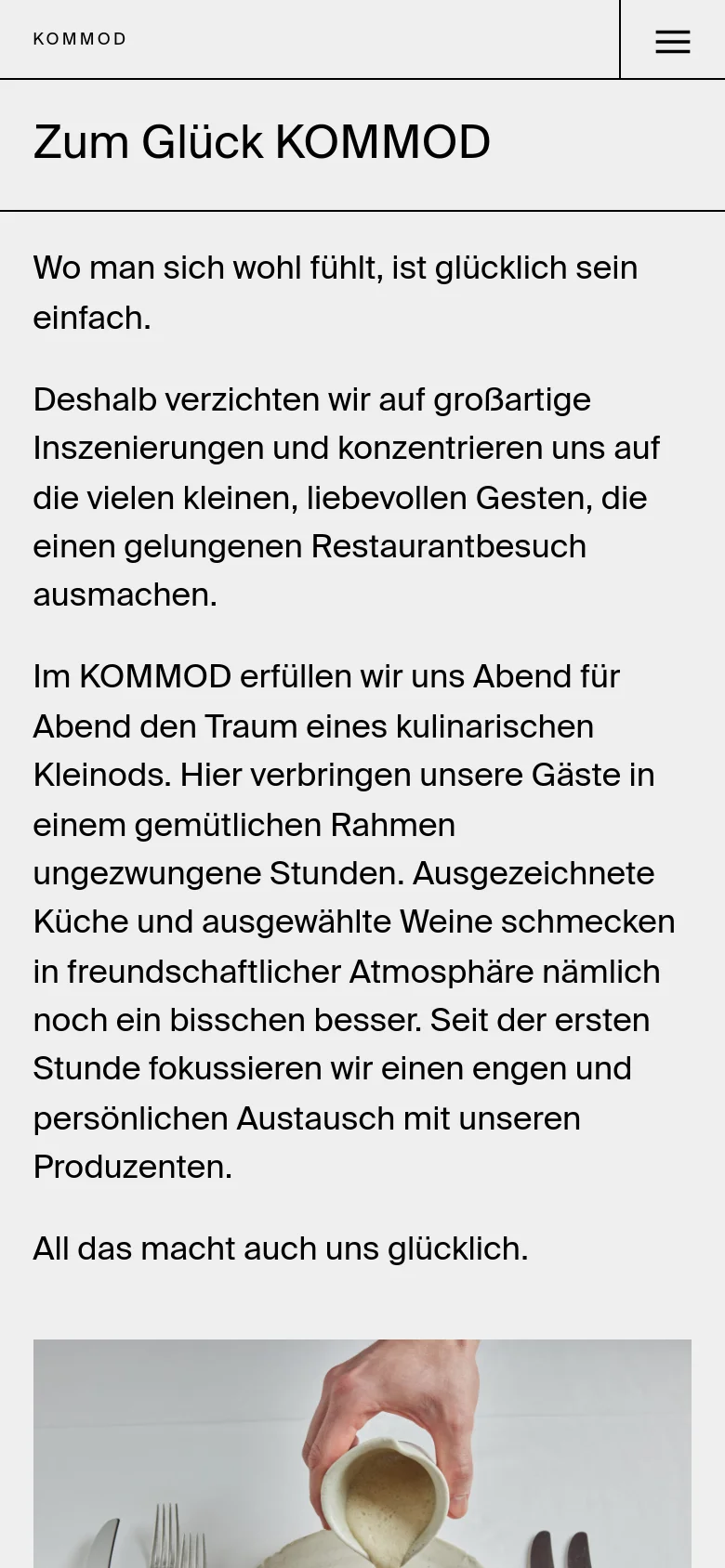 The mobile version simplifies the layout into a single vertical column with a hamburger menu icon in the top right corner. The text is centered and takes up the full width of the screen, while the large hero image and subsequent content images are scaled to fit the narrow viewport.