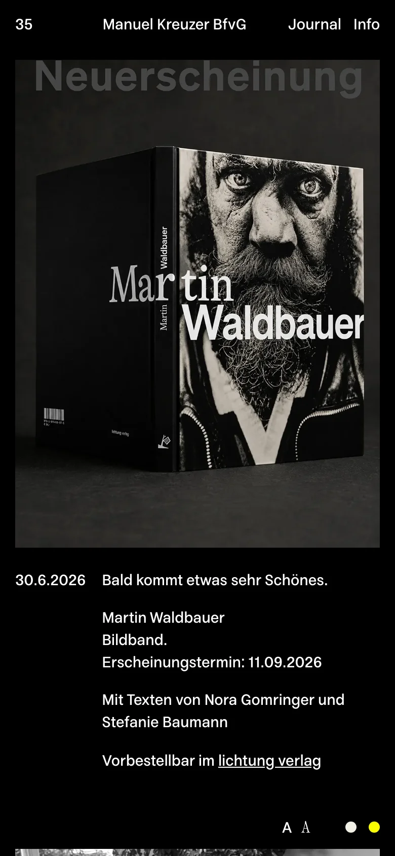 The mobile version maintains the black and white minimalist aesthetic but uses a vertical single-column layout. The large book cover image is scaled to fit the screen width, and the text content is stacked vertically below the image for easier scrolling on a narrow device.