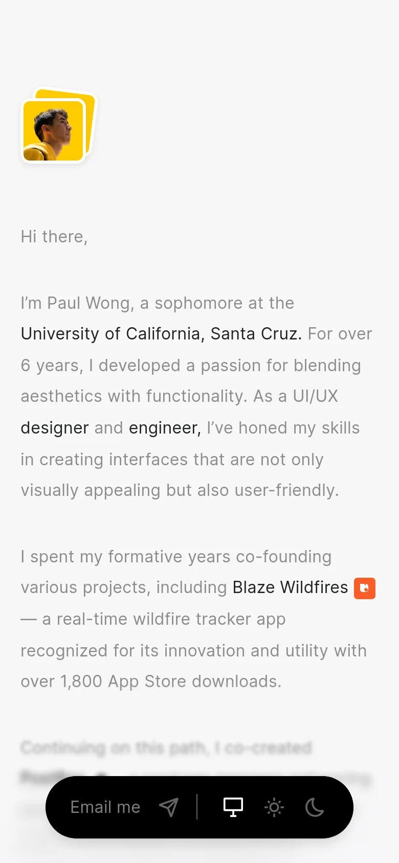 The mobile version maintains the minimalist white and gray aesthetic but uses a single-column vertical layout. The profile icon remains at the top, and the text is centered and scaled for a smaller screen. The bottom navigation pill is wider and spans more of the screen width to accommodate touch interaction.