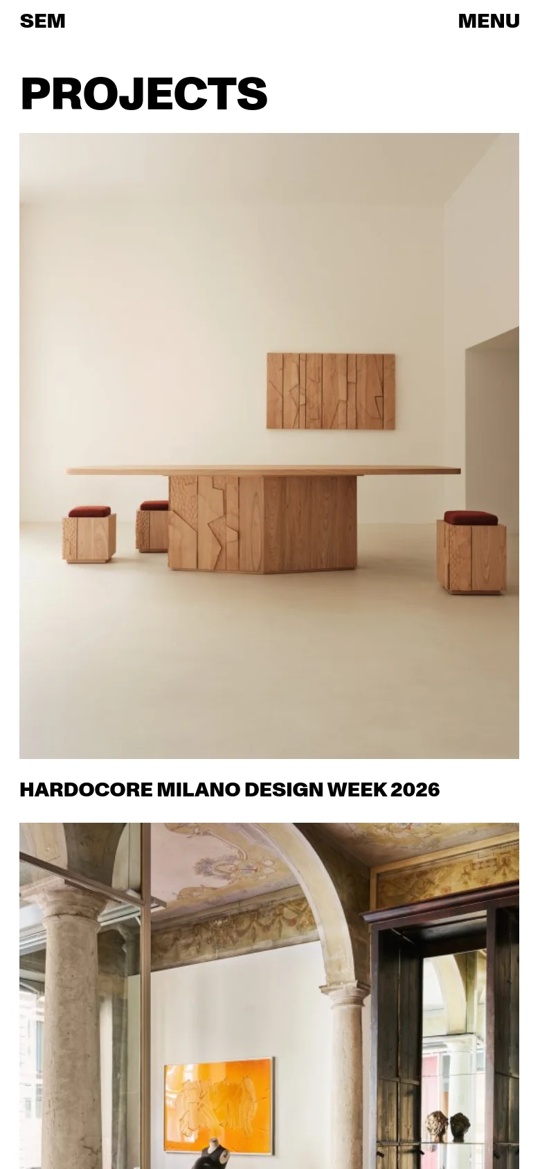 The mobile version displays the 'PROJECTS' heading in large, bold text at the top. The project images are stacked vertically in a single-column layout, with each project title appearing directly below its corresponding image. The navigation is condensed into a 'MENU' button at the top right.