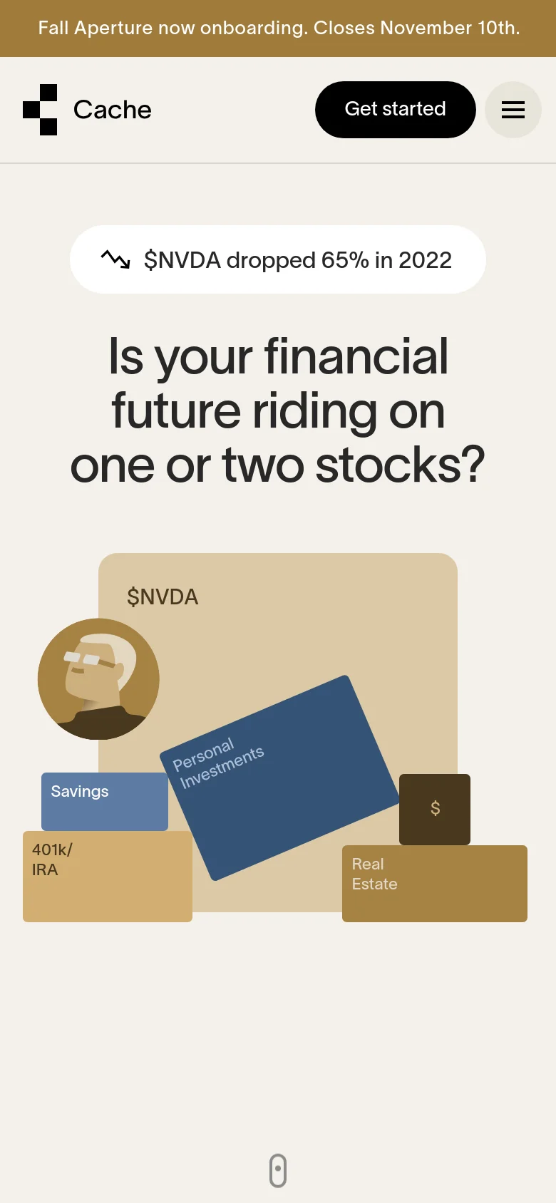 The mobile version presents a single-column layout with the same beige background and large headline. The navigation is condensed into a hamburger menu icon next to a 'Get started' button. The central graphic of asset blocks and the person's avatar is scaled down to fit the narrower screen width.