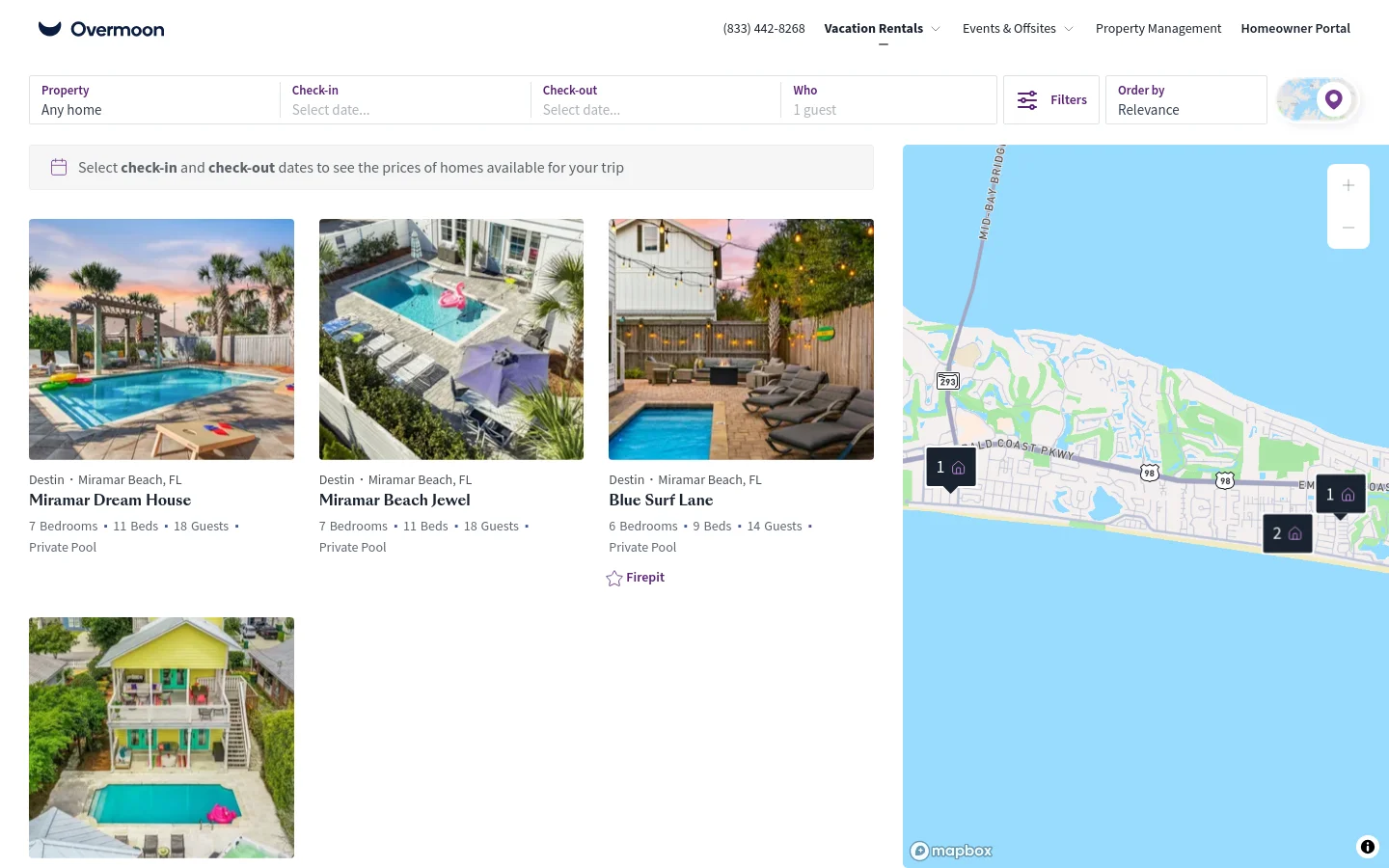 The desktop view shows a vacation rental search page for Destin with a white and light gray color scheme. A top navigation bar includes a logo, phone number, and links, followed by a horizontal search bar for property, dates, and guests. Below the search bar, property listings are displayed in a grid with large photos, titles, and amenities, while a large interactive map occupies the right side of the screen.