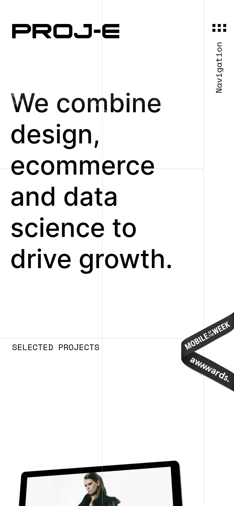 The mobile version maintains the minimalist white aesthetic and bold typography but stacks the elements vertically. The headline is centered and prominent, and the navigation and 'Adding Value' sections are repositioned to fit the narrow portrait orientation.