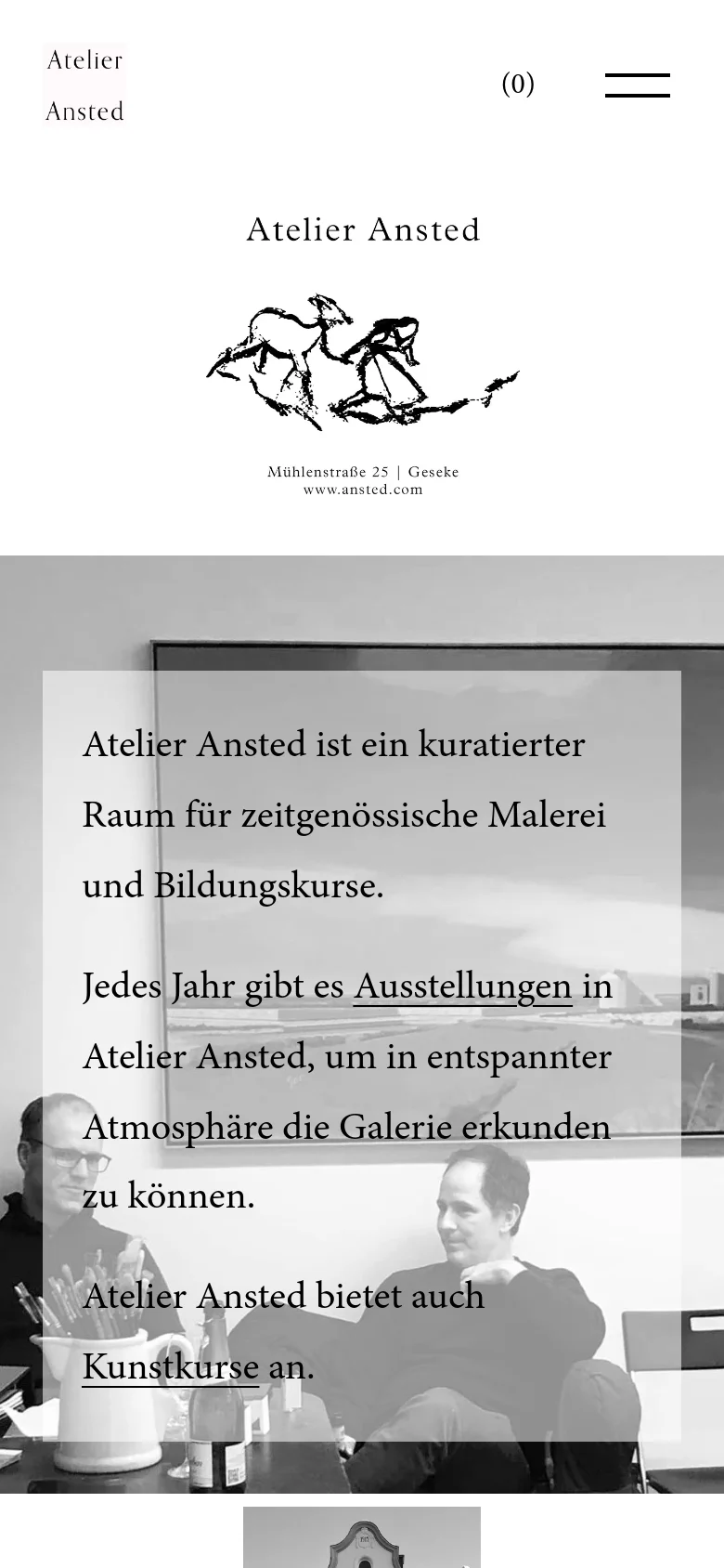 The mobile version presents a simplified layout with a hamburger menu icon and a shopping cart indicator at the top. The central black and white graphic is scaled down, and the text sections are stacked vertically to fit the narrow screen width.