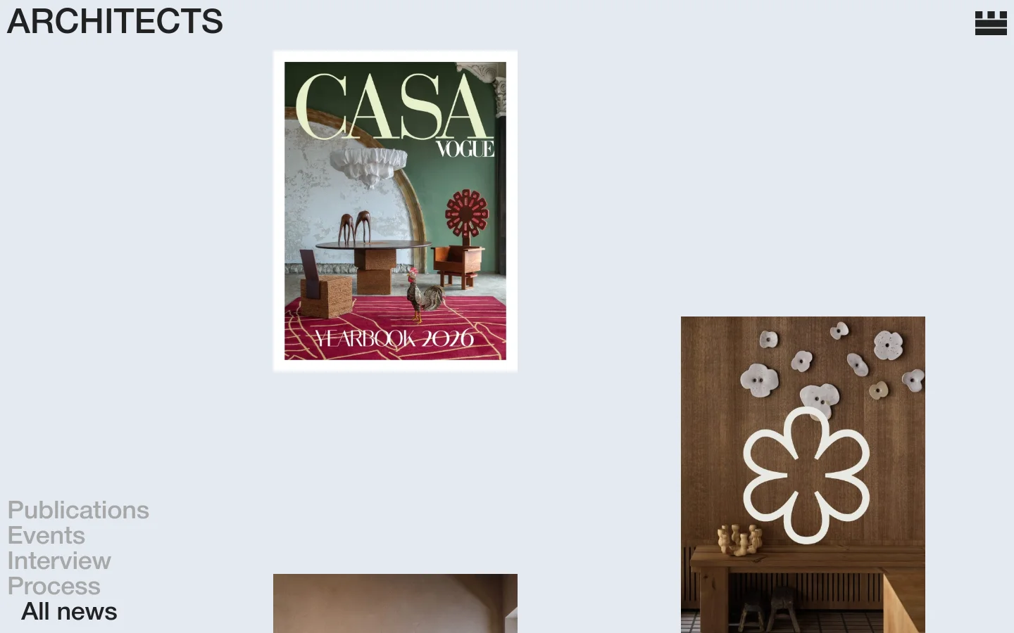 The desktop news page features a minimalist light gray background with a grid layout of news articles. Each article includes a large vertical image, category tags like 'Publications' or 'Events', a date, and a headline, such as 'Emma In Paraty On The Cover Of Casa Vogue Brasil'. A sidebar or top navigation menu provides links to filter news by topic.