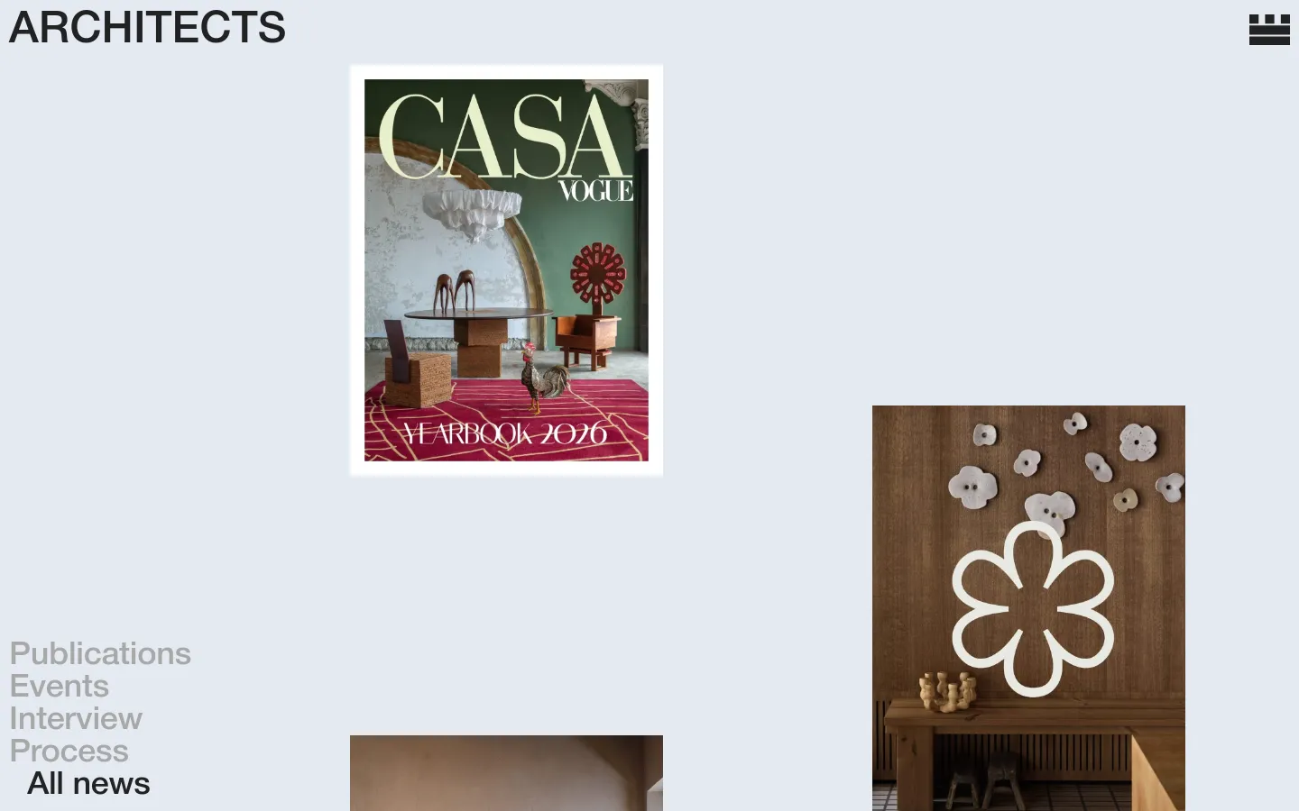 The desktop news page features a minimalist light gray background with a grid layout of news articles. Each article includes a large vertical image, category tags like 'Publications' or 'Events', a date, and a headline, such as 'Emma In Paraty On The Cover Of Casa Vogue Brasil'. A sidebar or top navigation menu provides links to filter news by topic.