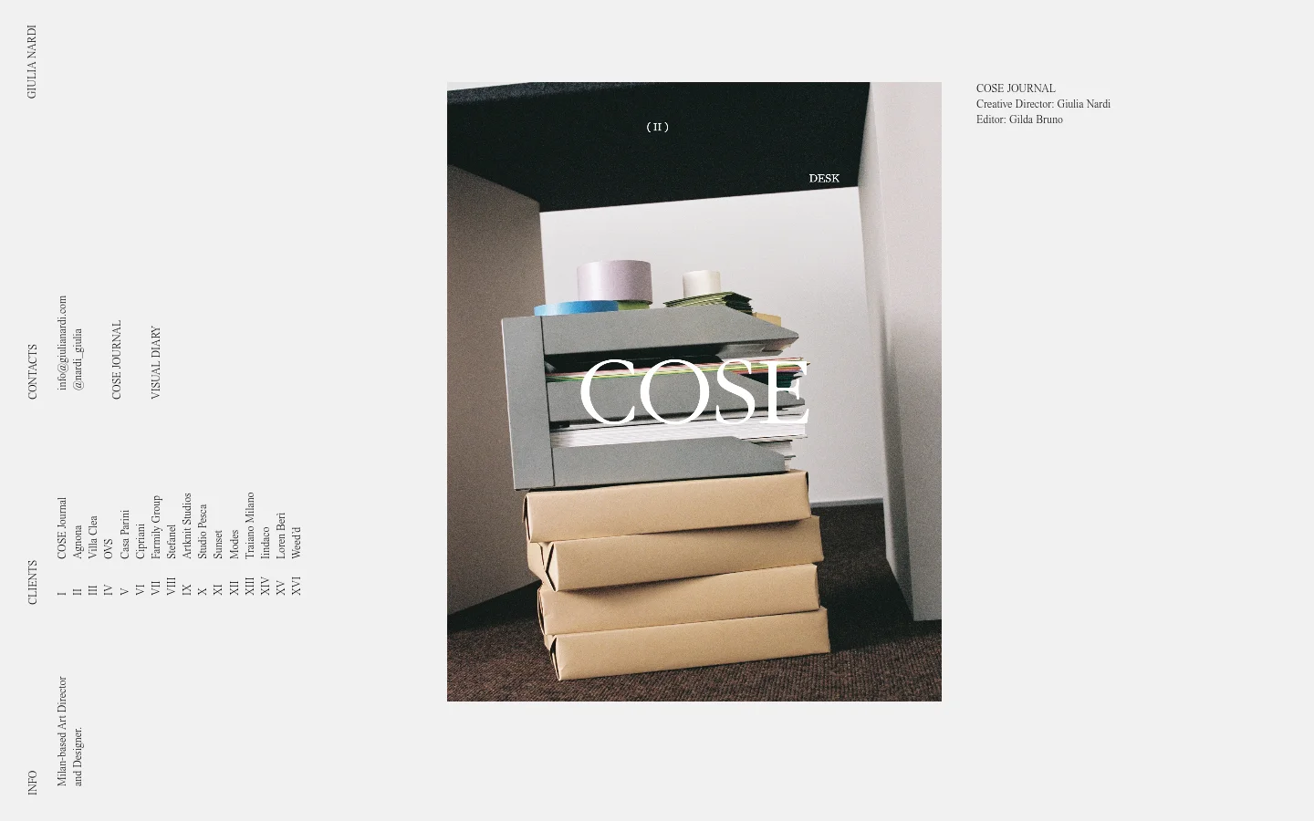 The desktop page features a minimalist, high-fashion aesthetic with a large hero image of a woman sitting on an exercise ball at a desk. The layout uses ample white space, with the title 'COSE JOURNAL' and credits for Creative Director Giulia Nardi and Editor Gilda Bruno positioned elegantly. Navigation links and contact information are arranged vertically along the left margin.