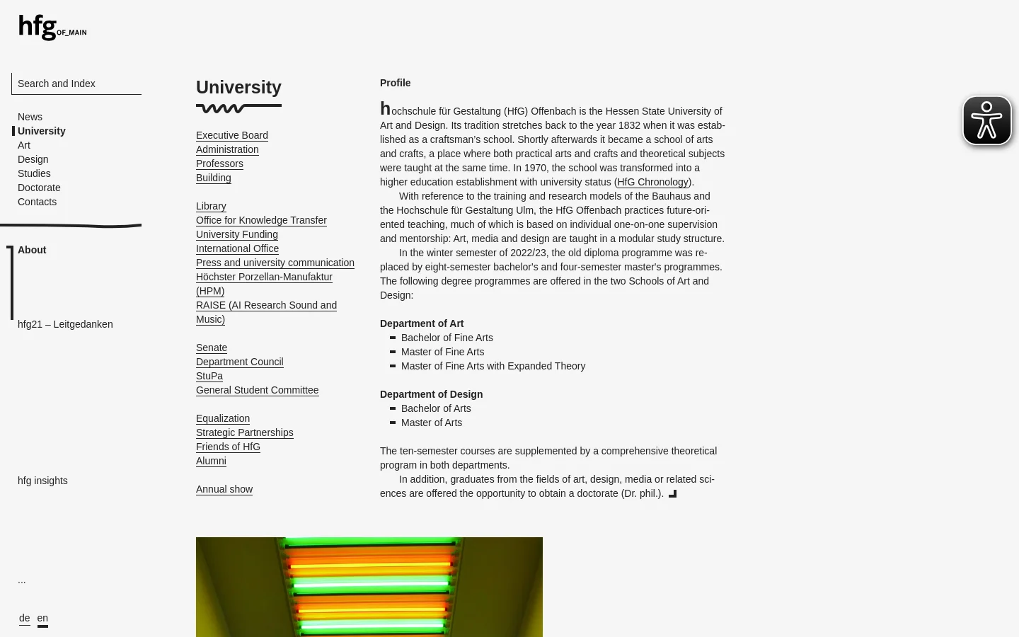 HfG Offenbach About Us desktop website screenshot