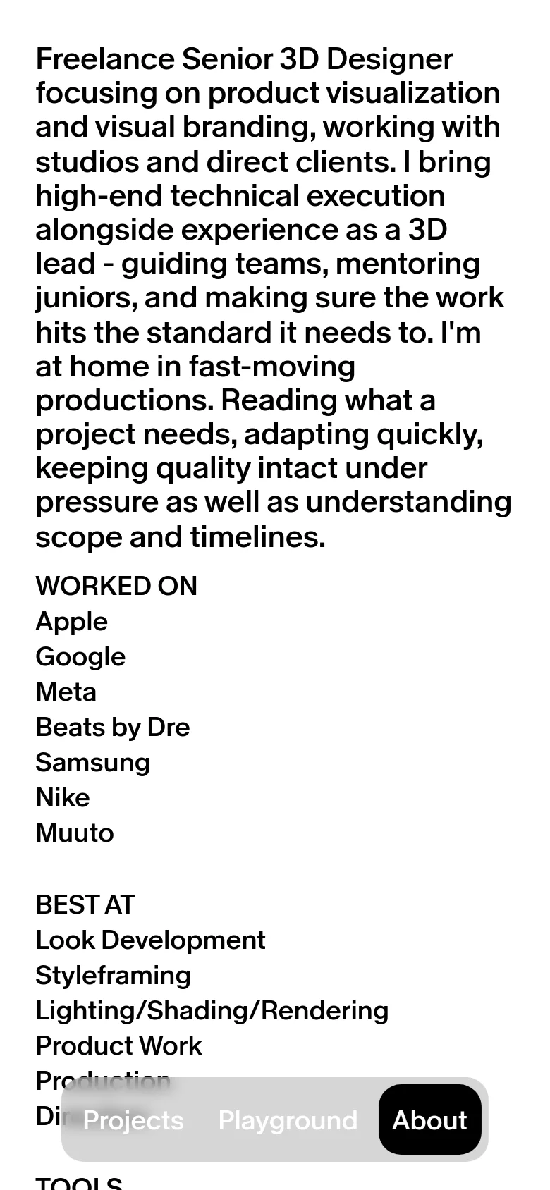 The mobile version maintains the minimalist white and black theme but uses a single-column vertical layout for the text content. The large introductory headline is stacked, and the three columns of information are rearranged into a continuous vertical list for easier scrolling. A floating bottom navigation bar provides access to Projects, Playground, and About.
