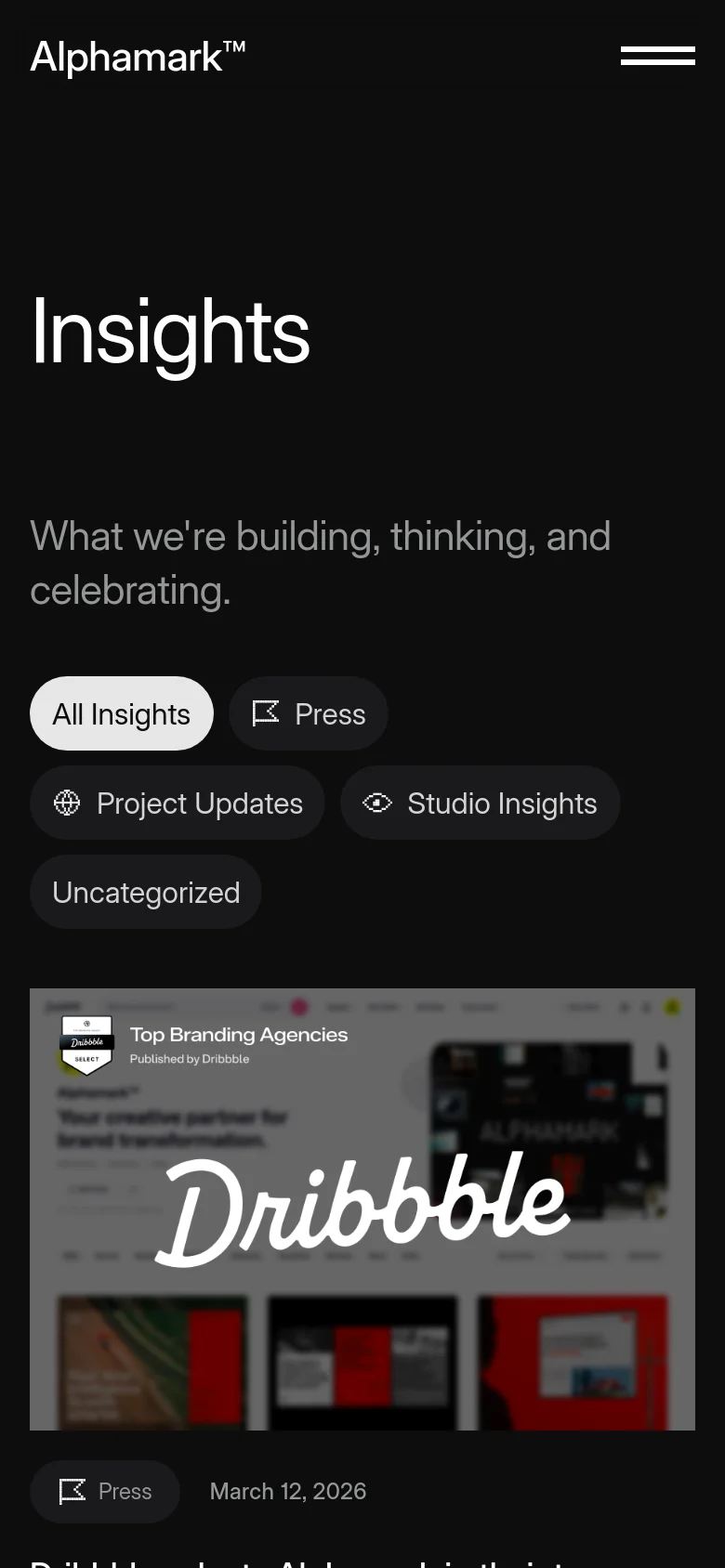 The mobile version maintains the dark theme and large white headings but uses a vertical layout. The navigation is condensed into a hamburger menu, and the filter buttons are stacked or arranged in a scrollable format above a single-column feed of insight cards.