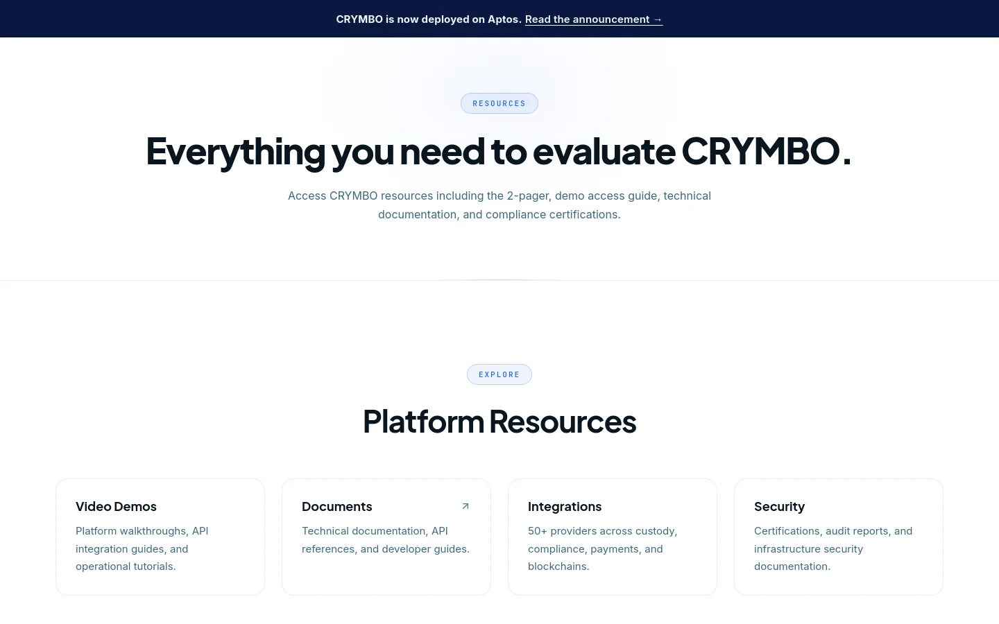 The desktop page features a clean, white background with dark text and a centered hero section titled 'Everything you need to evaluate CRYMBO.' Below the hero, a 'Platform Resources' section displays four white cards in a horizontal row for Video Demos, Documents, Integrations, and Security. A dark blue announcement banner at the top contains white text and a link.