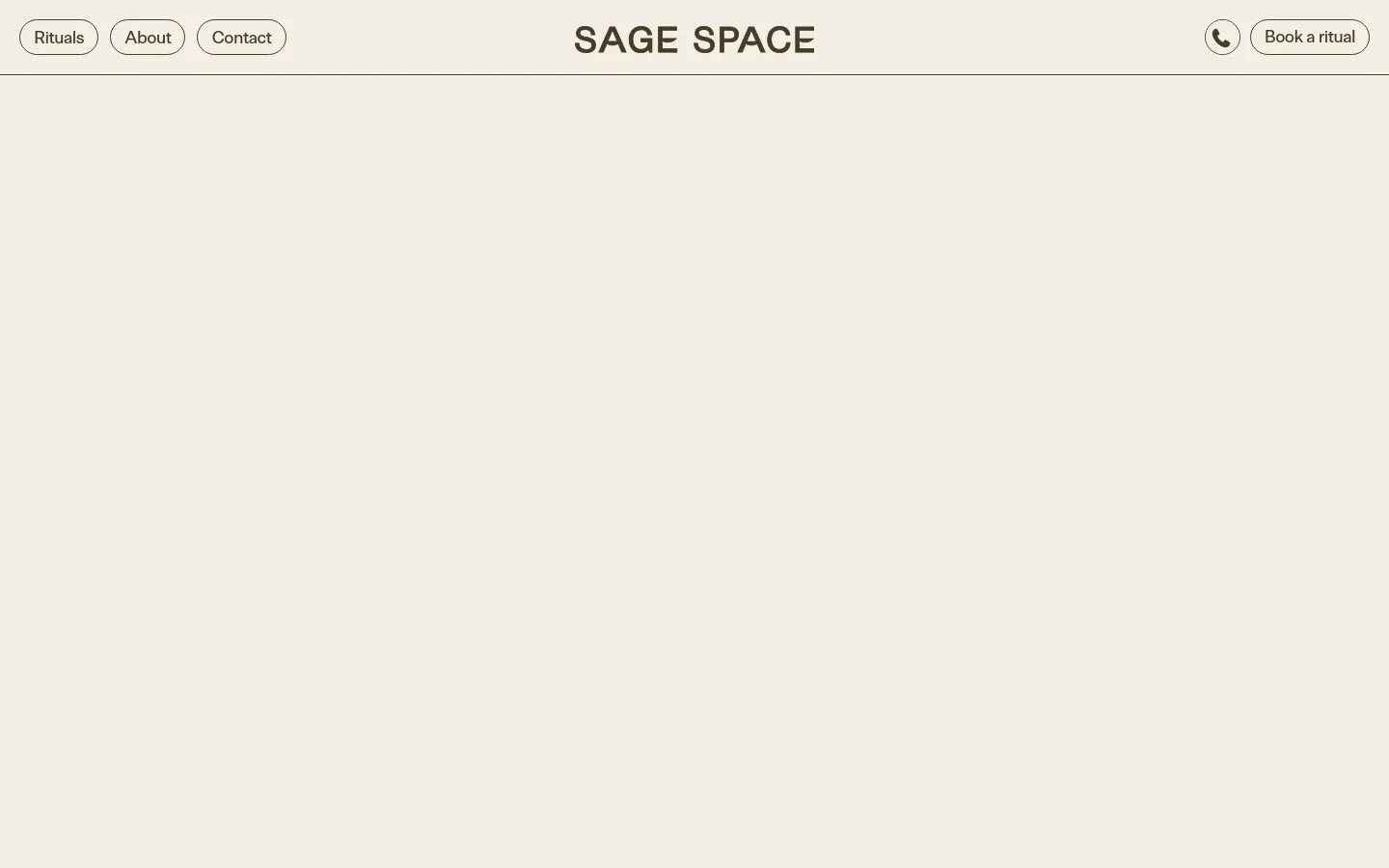 The Sage Space desktop website features a minimalist header with navigation links for Rituals, About, and Contact, a central logo, and a 'Book a ritual' button. The hero section displays a large, warm-toned background image of textured organic shapes and a flowing line, overlaid with the headline 'RITUALS' and text inviting users to scroll down to see dental rituals.