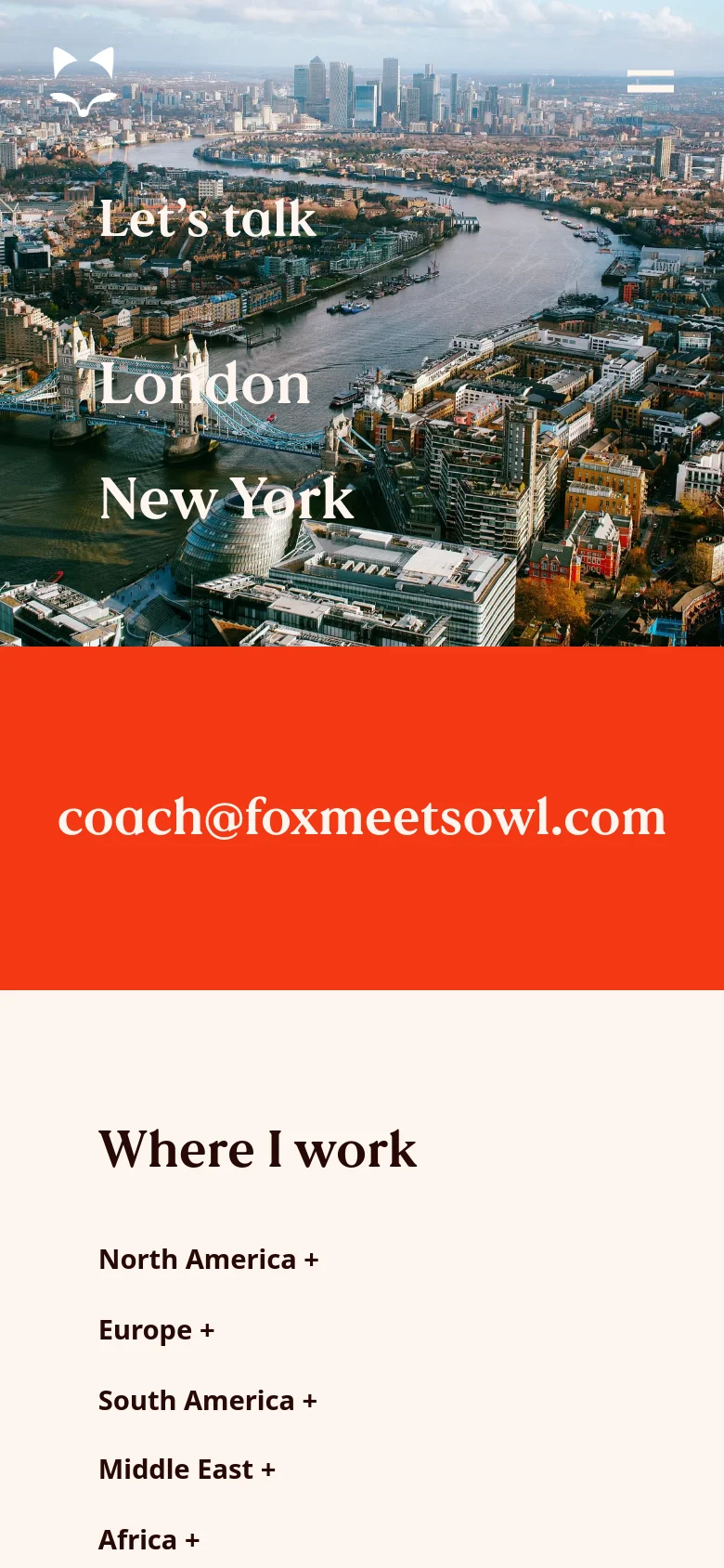 The mobile version presents a vertically stacked layout starting with the London skyline hero image and large white headings. The bright red contact section follows, containing the email address. The 'Where I work' section follows on a cream background, presenting regional lists in a single-column format optimized for vertical scrolling.