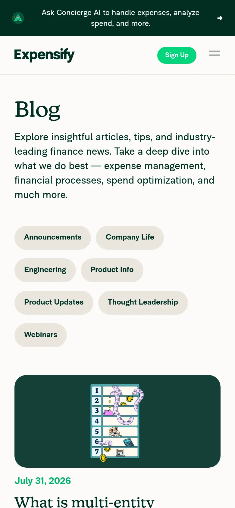 The mobile version simplifies the layout into a single-column vertical scroll. The navigation menu is collapsed into a hamburger icon next to the 'Sign Up' button, and the category buttons and blog posts stack vertically to fit the narrow screen width.