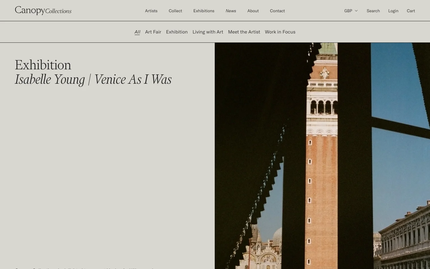 The desktop news page features a minimalist design with a light grey background and a navigation menu at the top. A large headline reads 'Exhibition: Isabelle Young | Venice As I Was' next to a tall, vertical photograph of a Venetian tower framed by dark architectural structures. Below the header, a horizontal list of categories like 'All', 'Art Fair', and 'Exhibition' allows for easy filtering.