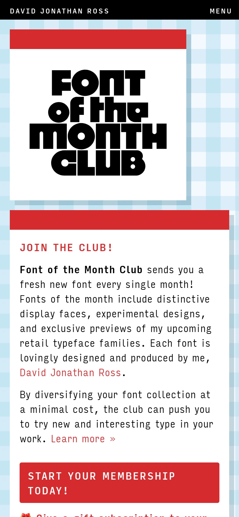 The mobile version stacks the content vertically on a light blue checkered background. The stylized 'FONT of the MONTH CLUB' graphic appears first at the top, followed by the membership description and a large, full-width red 'START YOUR MEMBERSHIP TODAY!' call-to-action button.