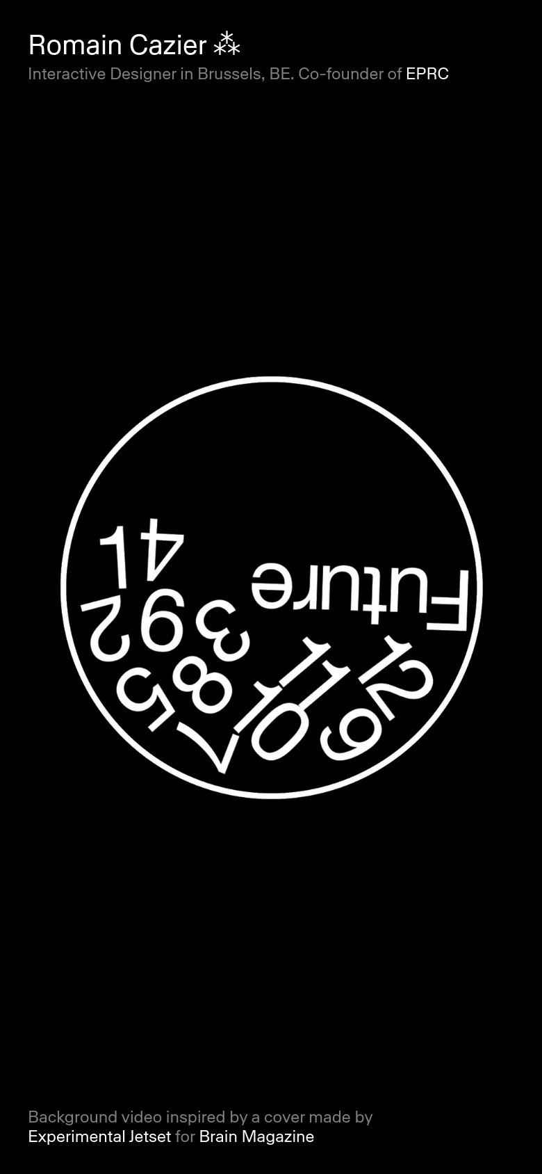 The mobile view maintains the minimalist black and white aesthetic with a centered layout. The text and the large circular graphic containing distorted white numbers and the word 'Future' are scaled to fit the vertical screen, appearing more tightly packed than the desktop version.