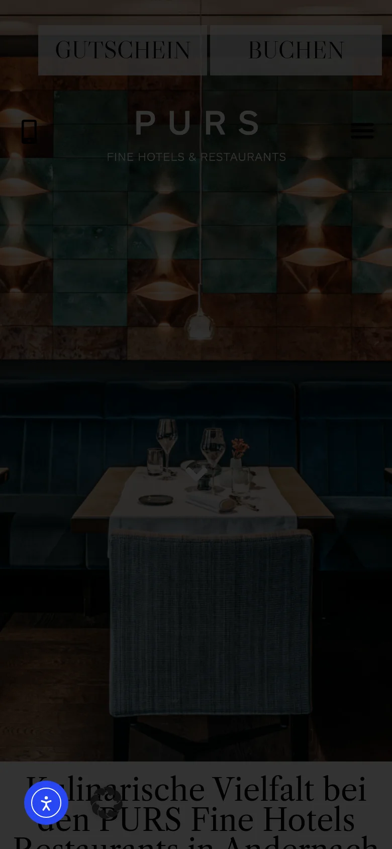 The mobile version presents a condensed view with a large hero image of the restaurant interior, overlaid by the PURS logo and a hamburger menu icon. The 'GUTSCHEIN' and 'BUCHEN' buttons are prominently stacked near the top. The layout shifts to a single-column vertical scroll, focusing on the headline and text at the bottom of the screen.