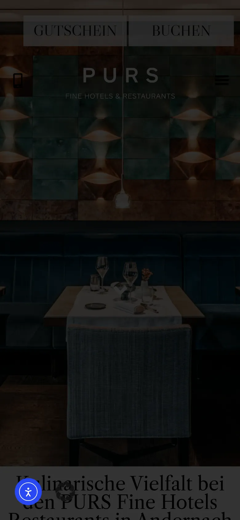 The mobile version presents a condensed view with a large hero image of the restaurant interior, overlaid by the PURS logo and a hamburger menu icon. The 'GUTSCHEIN' and 'BUCHEN' buttons are prominently stacked near the top. The layout shifts to a single-column vertical scroll, focusing on the headline and text at the bottom of the screen.