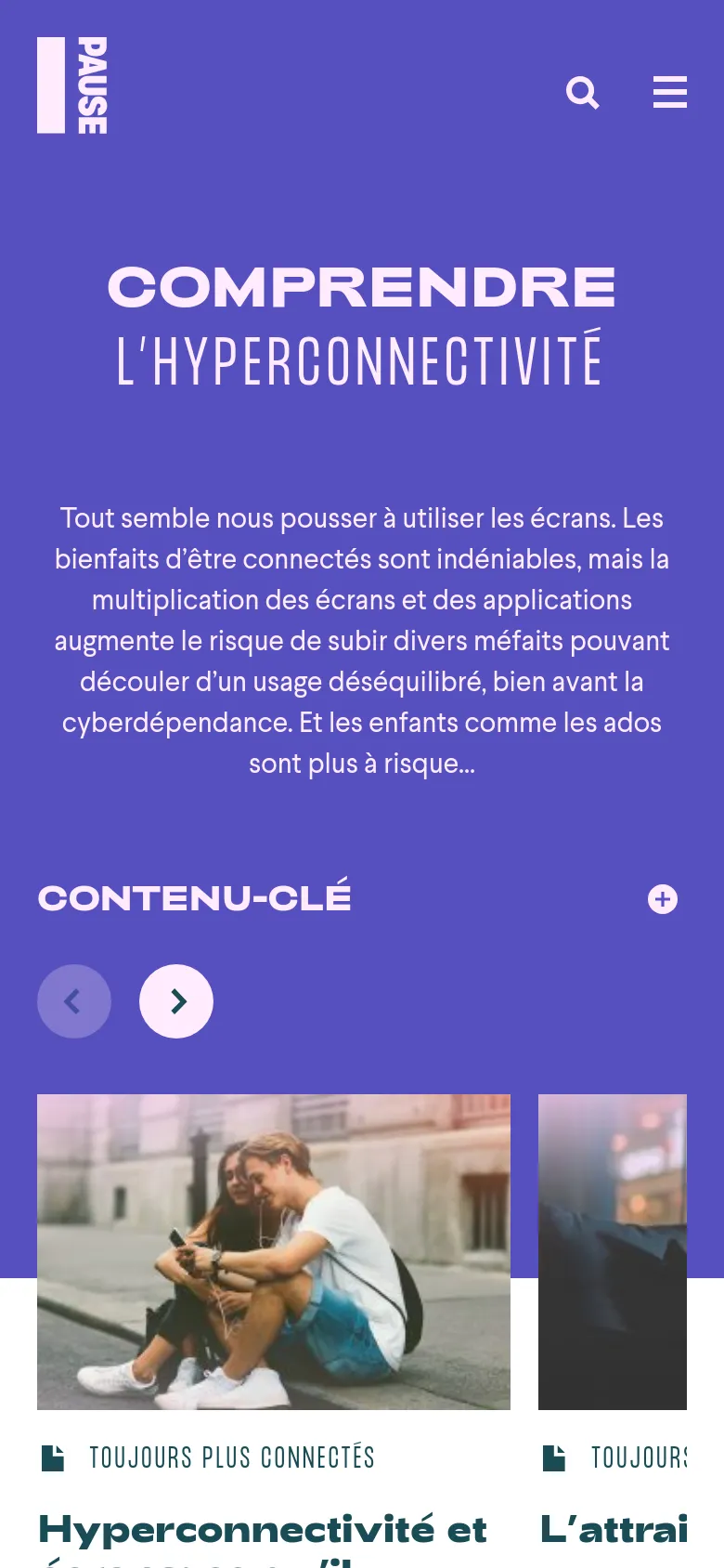 The mobile version simplifies the layout into a single vertical column on a solid purple background. The large white headline and introductory text dominate the top, followed by the 'CONTENU-CLÉ' heading with a plus icon. The article cards are stacked vertically, showing large images with text overlays, and the header features a condensed menu with the logo, search, and hamburger icon.