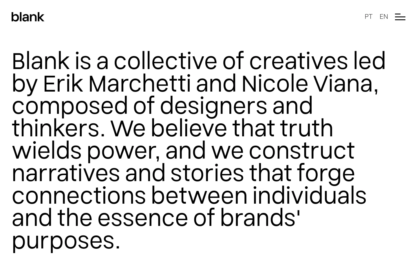 The Studio page features a minimalist white background with large, black sans-serif typography. A hero section displays a large introductory paragraph, followed by a group photograph of the creative team sitting in a modern studio setting. The navigation bar at the top includes the 'blank' logo, language toggles (PT/EN), and a hamburger menu icon.