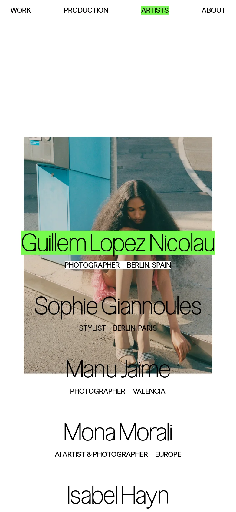 The mobile version maintains the minimalist aesthetic but transitions the artist grid into a single-column vertical scroll. The typography remains large and legible, focusing on one artist profile at a time to suit the narrow screen width.