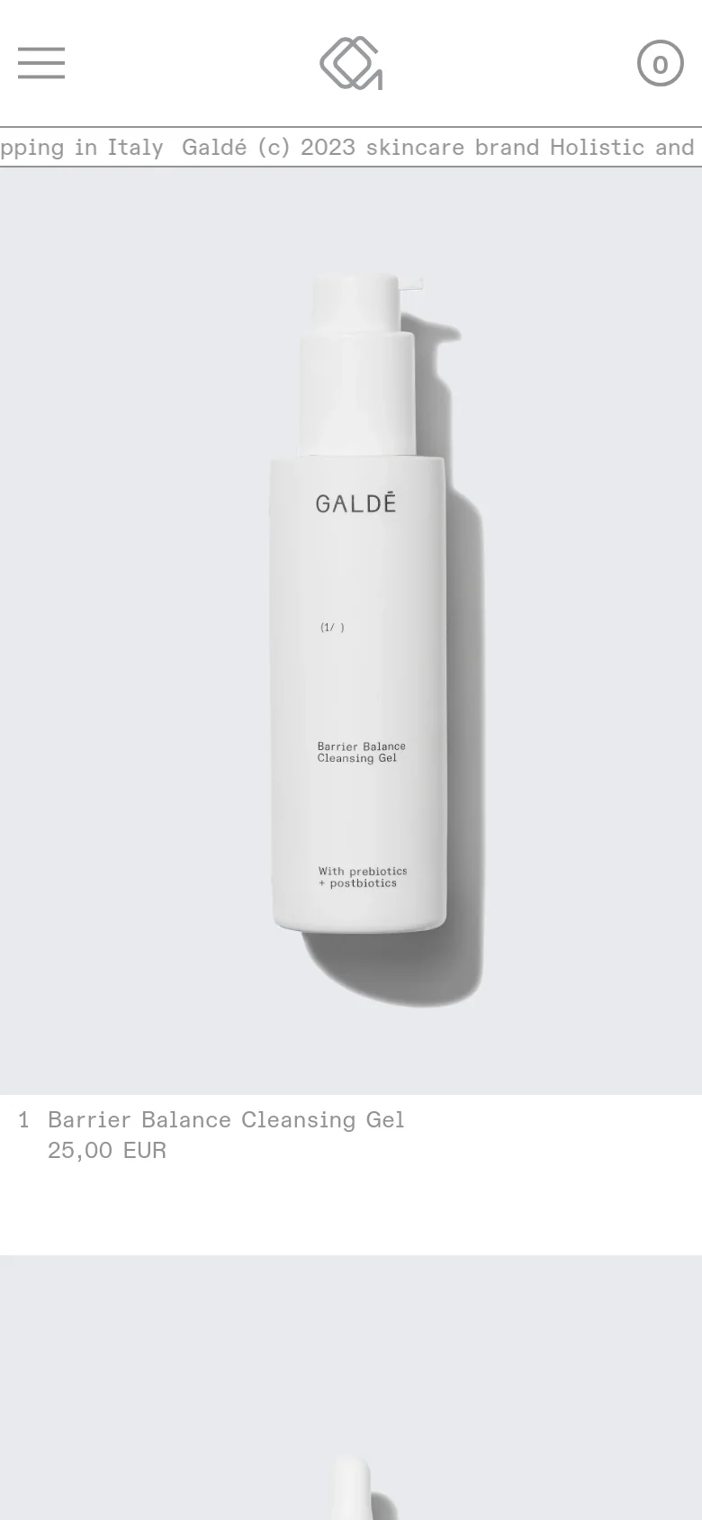 The mobile version maintains the minimalist aesthetic but uses a single-column vertical scroll for the product list. The header is condensed, featuring a hamburger menu icon on the left, the central Galdé logo, and a shopping cart icon on the right.