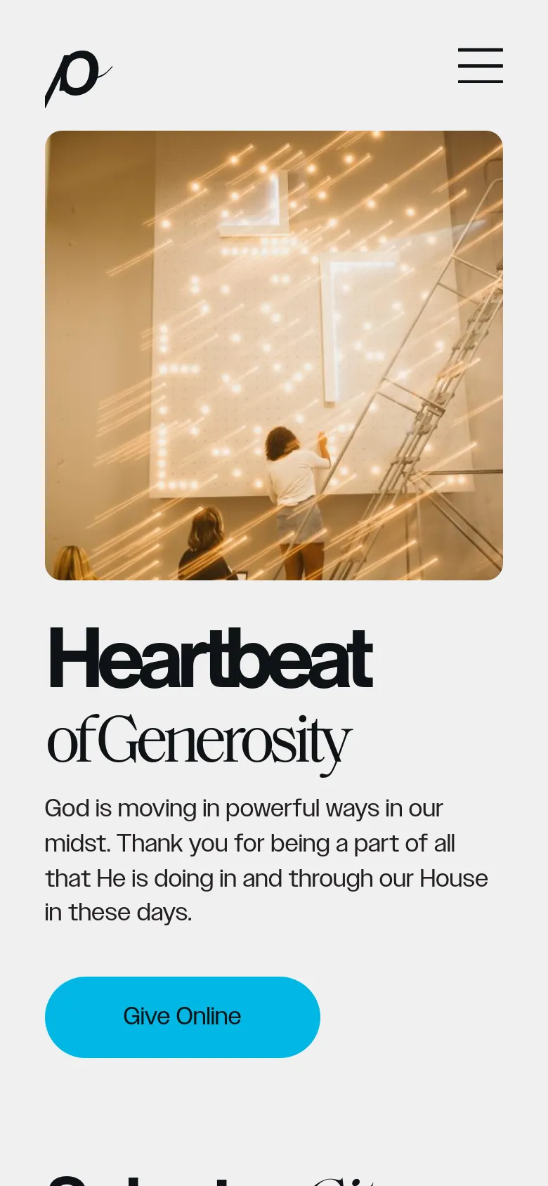 The mobile version stacks the content vertically, placing the warm-toned light installation photograph at the top, followed by the 'Heartbeat of Generosity' headline and text. The bright blue 'Give Online' button is centered below the text, and the navigation is condensed into a hamburger menu icon.