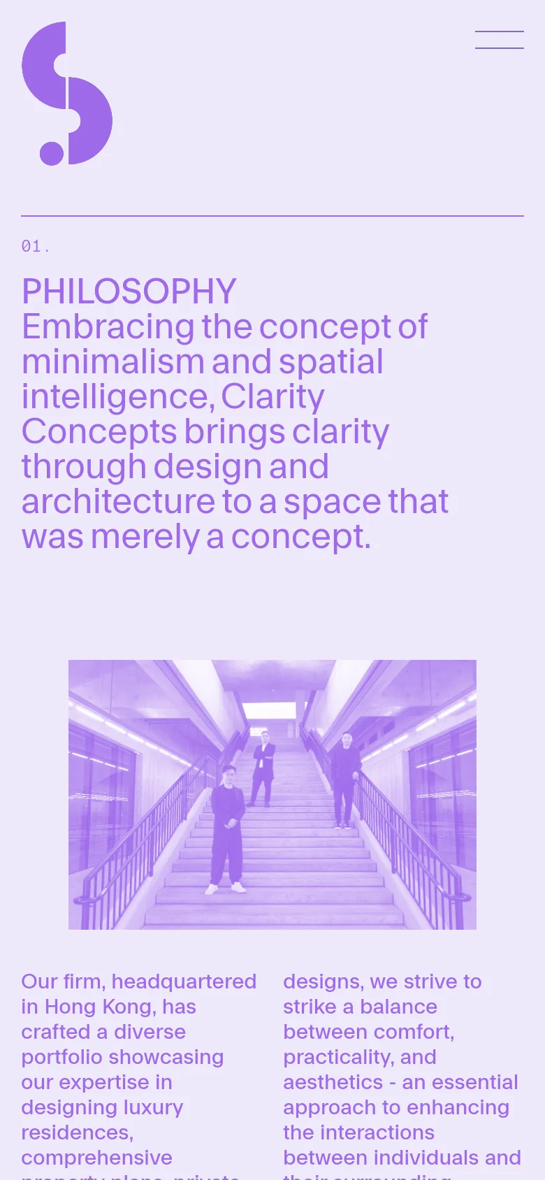 Clarity Concepts about page in a mobile-responsive stacked layout. The design features large lavender typography for the philosophy headline, a centered menu icon, and a full-width architectural image of a staircase.