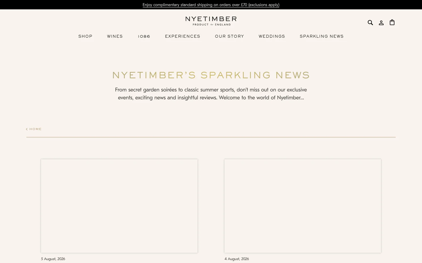 The Nyetimber Journal archive page features a minimalist design with a cream background and gold-toned typography. A central headline reads 'NYETIMBER’S SPARKLING NEWS' above a brief introductory paragraph, followed by a grid layout of news articles, each containing a large image, a date, and a title. The desktop navigation menu includes links for Shop, Wines, IOB6, Experiences, Our Story, Weddings, and Sparkling News.
