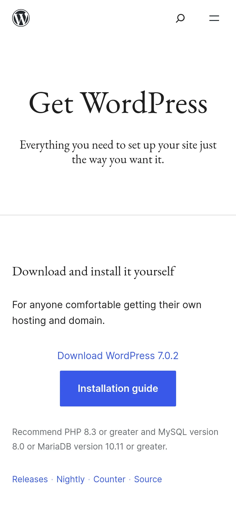 The mobile version uses a single-column vertical layout. The 'Get WordPress' hero text is centered at the top, followed by the 'Download and install it yourself' section, where the 'Installation guide' button is prominently displayed as a large blue block.