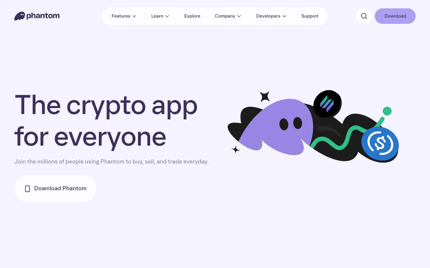 Phantom features page with a minimalist light lavender background and bold dark purple typography. The hero section features the headline The crypto app for everyone alongside a playful 3D-style illustration of a purple ghost character and abstract shapes. A prominent Download Phantom call-to-action button sits below the subtext.