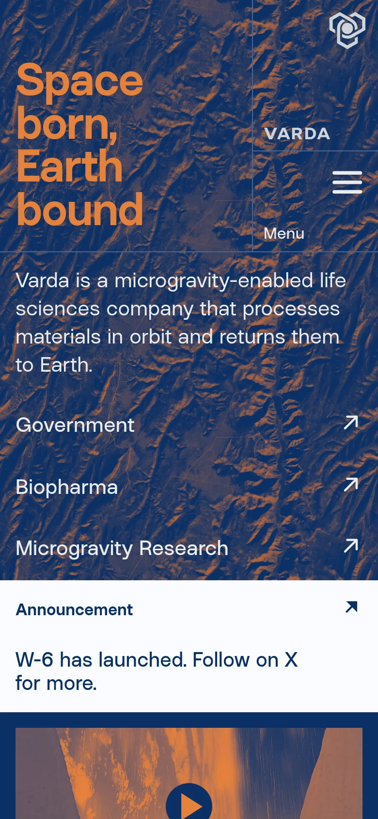 The mobile version uses a similar high-contrast satellite imagery background but features a vertically stacked layout. The headline and description are centered, and the primary navigation links are listed vertically with arrow icons. The top navigation is simplified, showing only the logo and a hamburger menu icon.