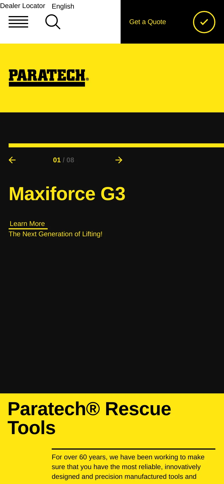 The mobile version uses a simplified vertical layout with a prominent yellow header containing the Paratech logo, a hamburger menu, and a search icon. The hero section displays 'Maxiforce G3' and 'The Next Generation of Lifting!' in large text on a black background, followed by a yellow section for 'Paratech® Rescue Tools'. A floating 'Get a Quote' button with a checkmark icon is anchored to the bottom right of the screen.